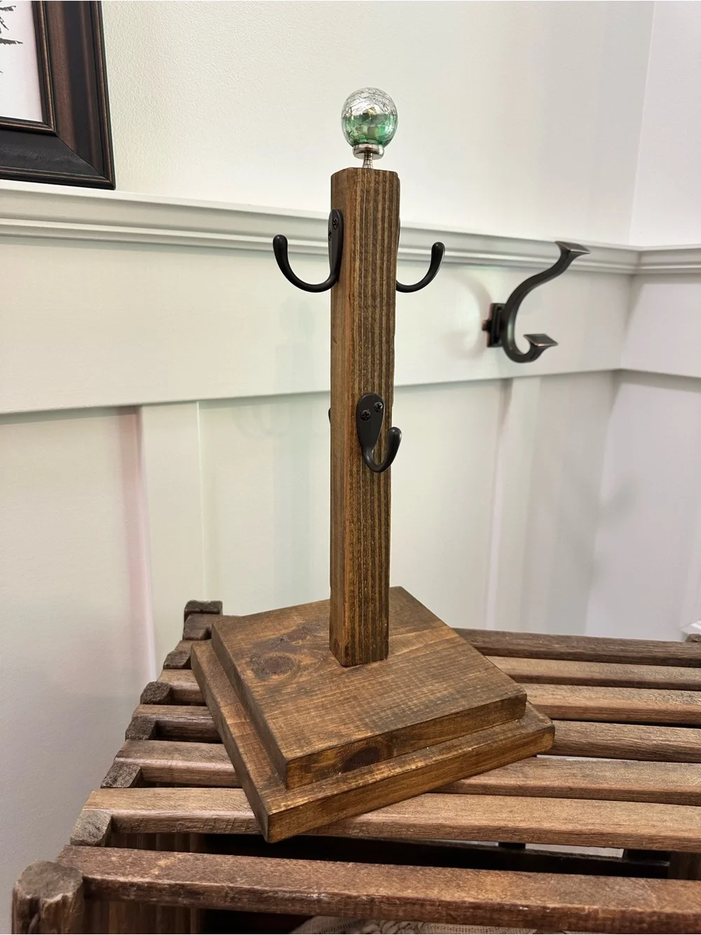 Handcrafted Rustic Wooden Coffee Mug Stand Hook Rack Green Crackled Glass Accent